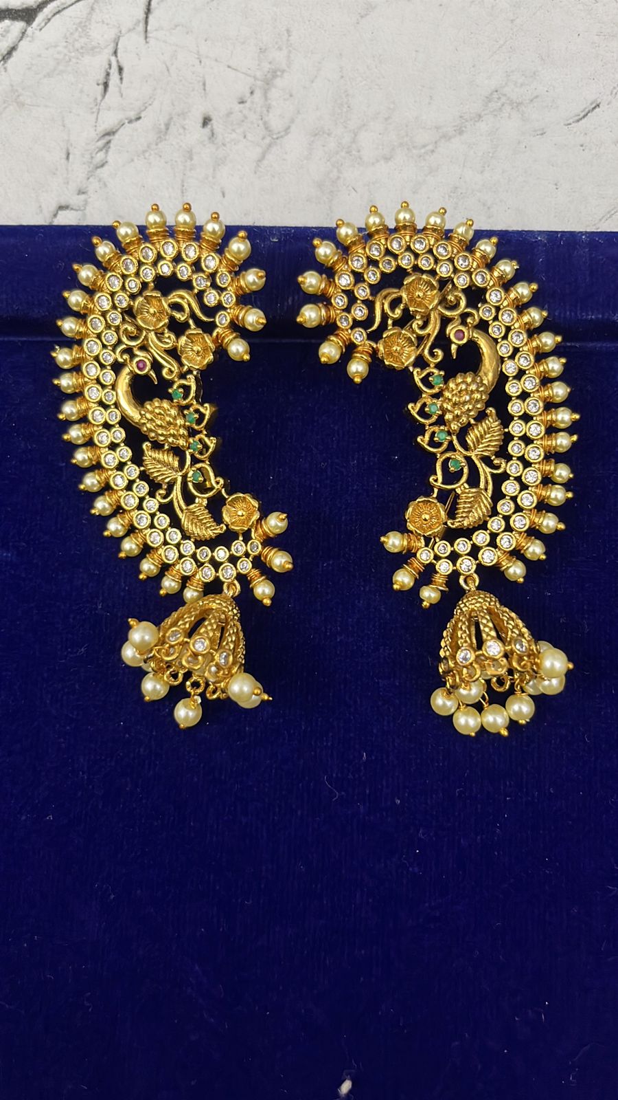 Matte Finish Temple Peacock Jhumka Earrings