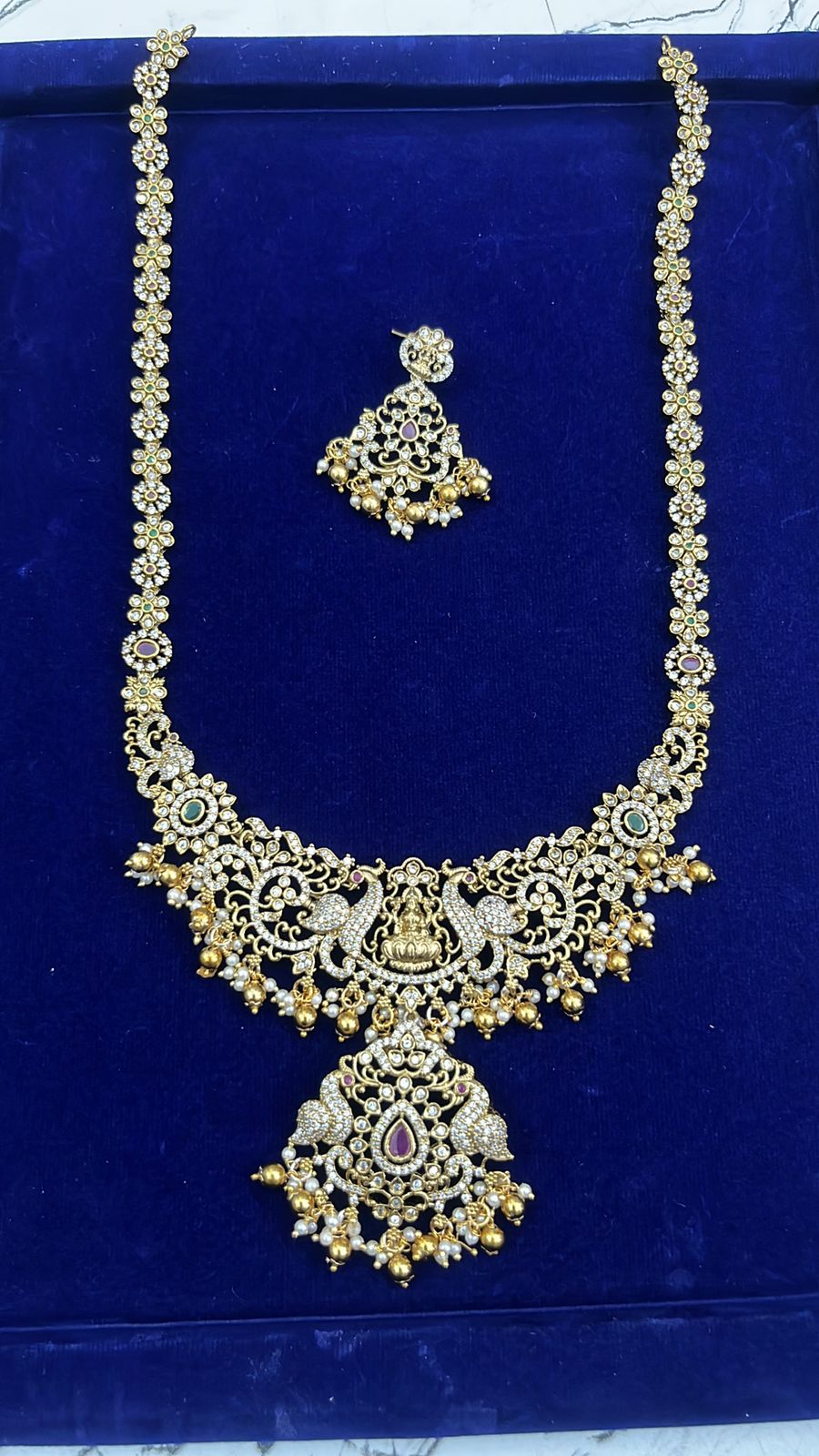 Mehendi Polish Temple Peacock Long Necklace Set